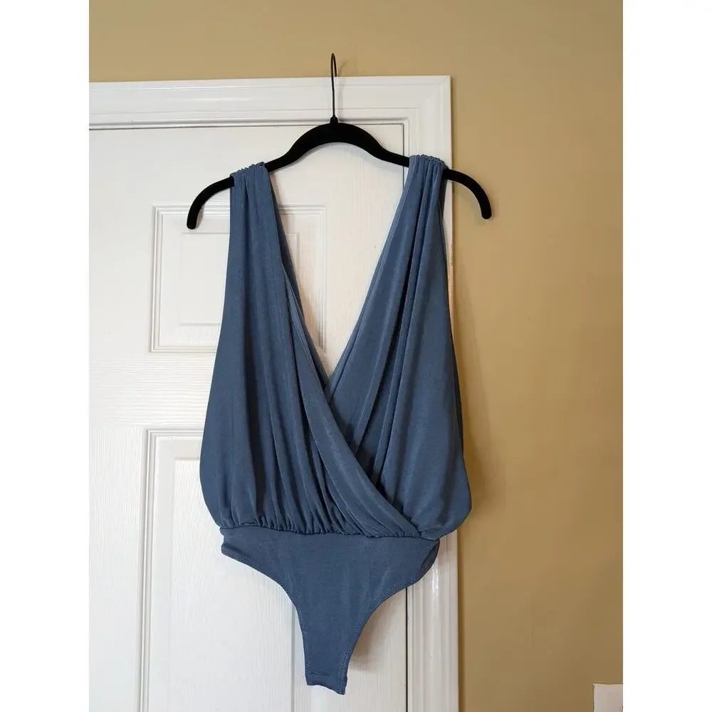 Free People Intimately Night Owl Bodysuit Size XS Blue Draped Sleeveless Top
